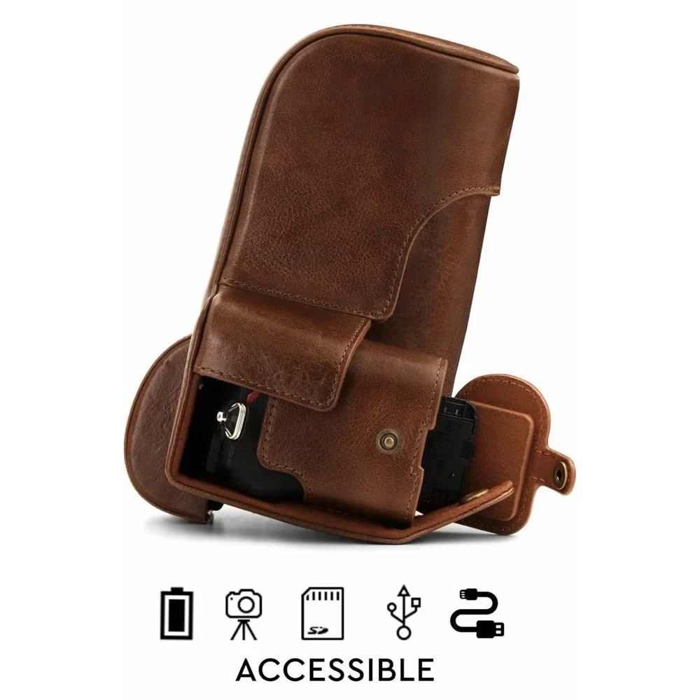 MegaGear Genuine Leather Camera Case Compatible With Nikon Z50 (50-250MM) Brown